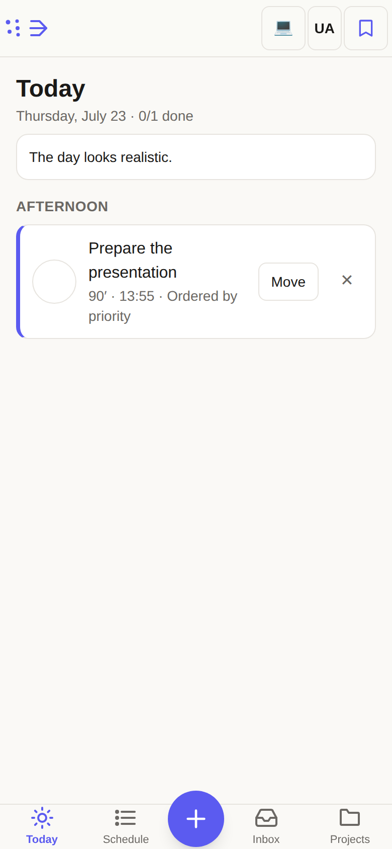 Nowio planned day screen